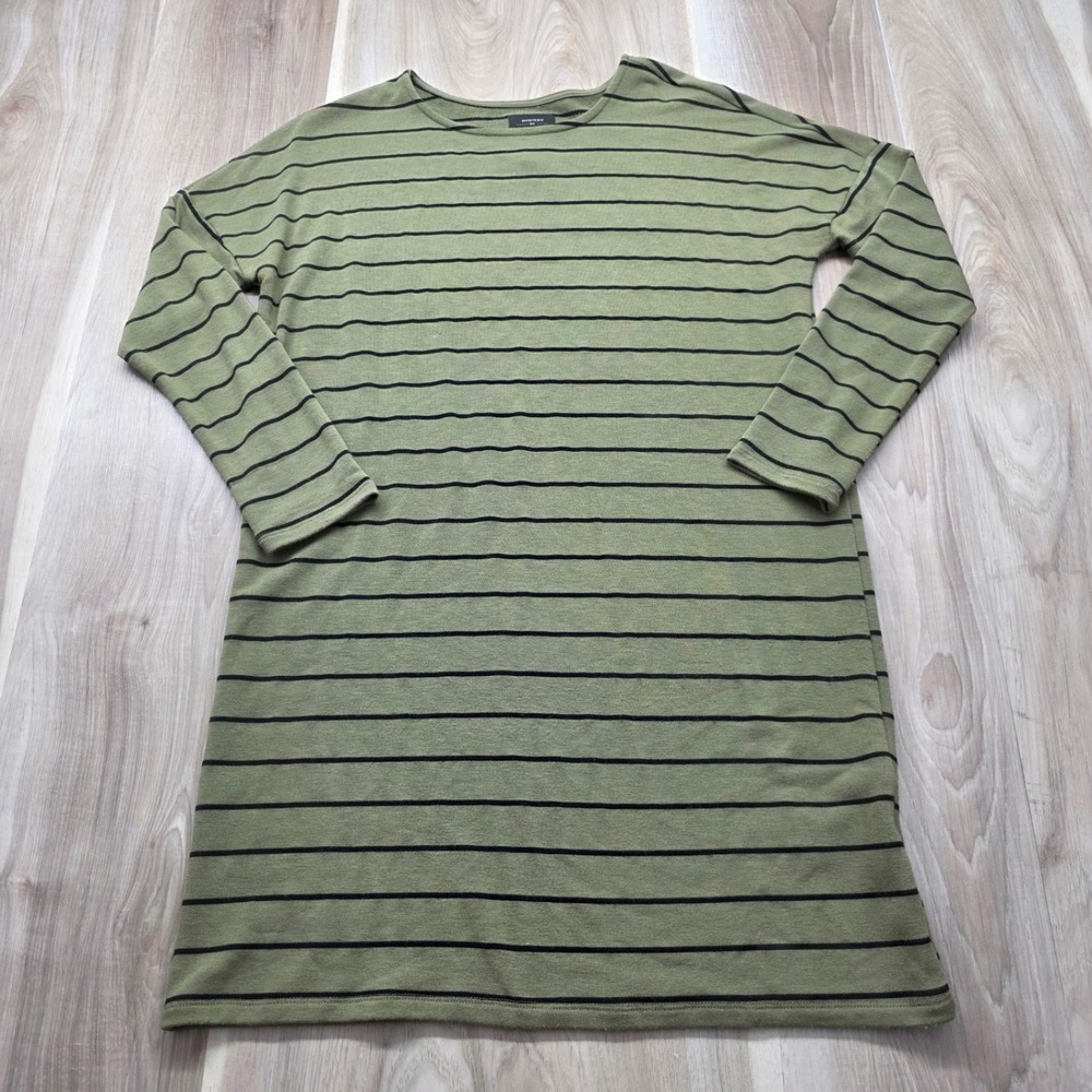 Billabong Essentials Striped T-Shirt Dress Long Sleeve Mini Olive Green Medium M